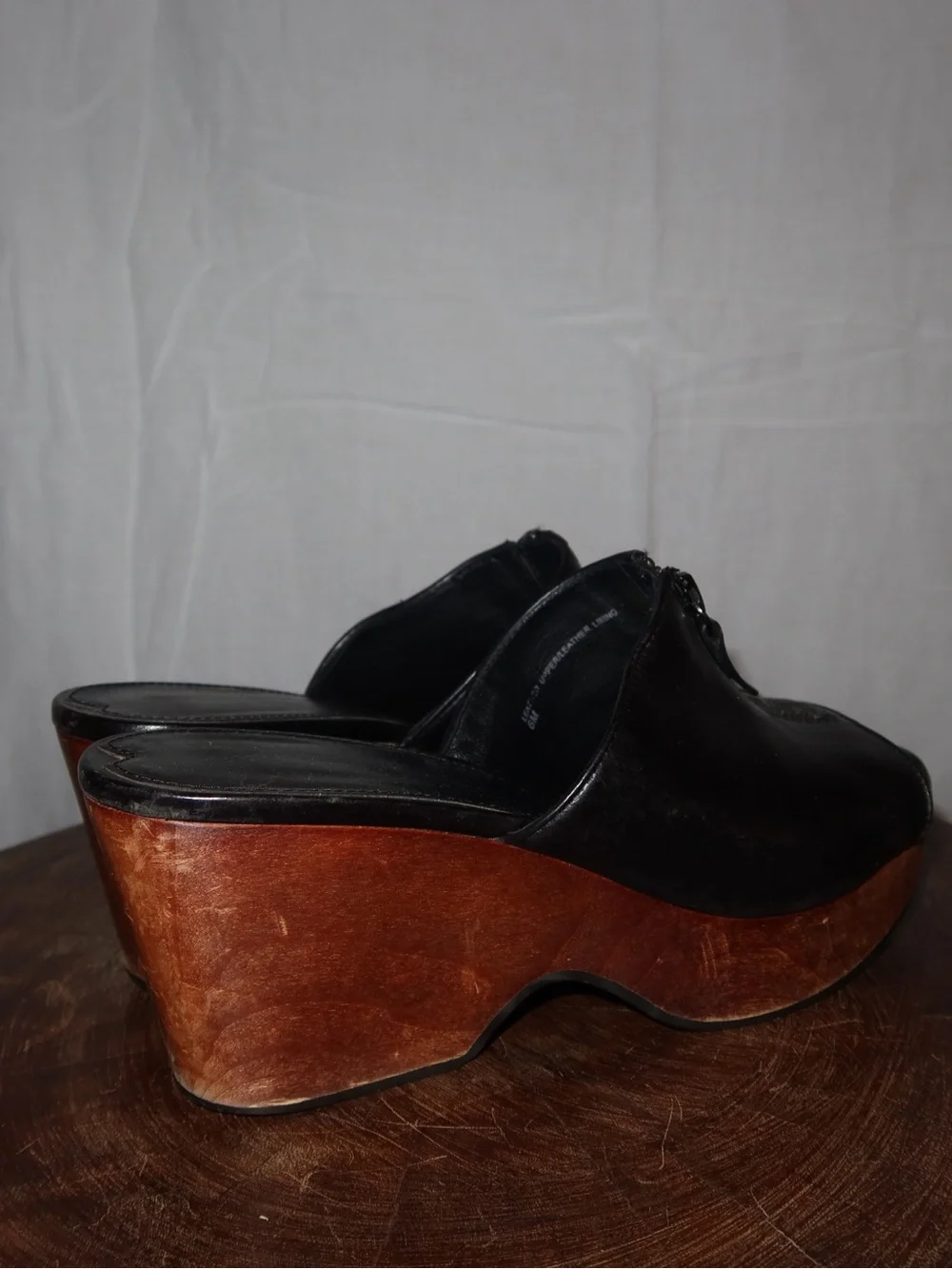 Via Spiga Black Leather Platform Mule Sandals with Wood Wedge